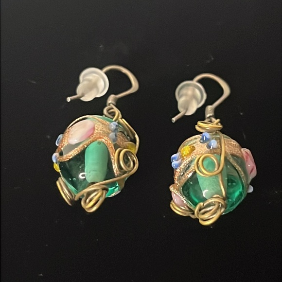 Hand Crafted Lampwork Glass Bead Gold Wire Scroll Dangle Sterling Hook Earrings - Picture 4 of 5